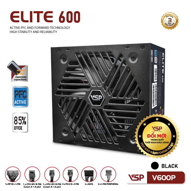 Bộ nguồn VSP Elite Active PFC V600P - Đen