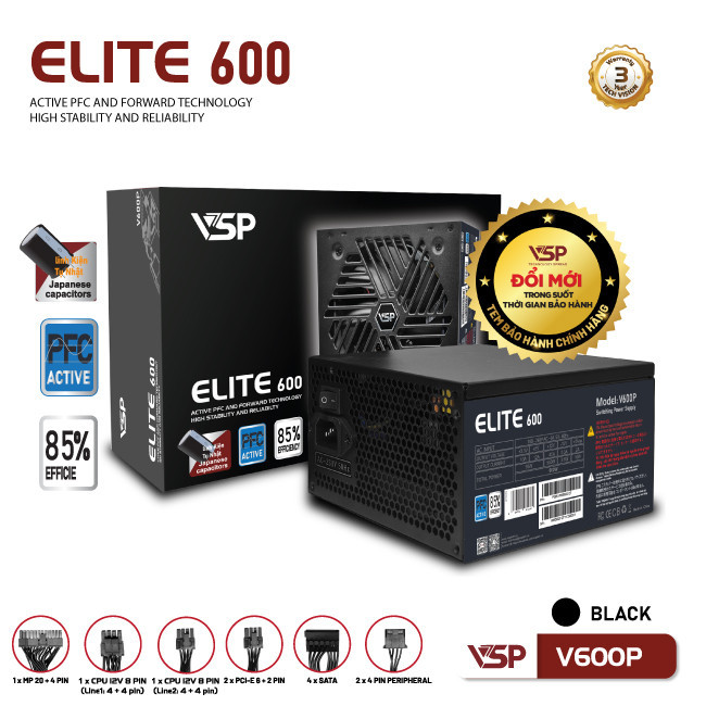 Bộ nguồn VSP Elite Active PFC V600P - Đen