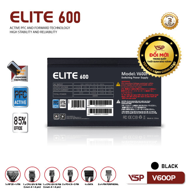 Bộ nguồn VSP Elite Active PFC V600P - Đen