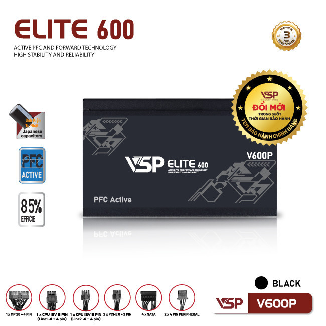Bộ nguồn VSP Elite Active PFC V600P - Đen