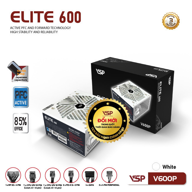 Bộ nguồn VSP Elite V600P - Trắng