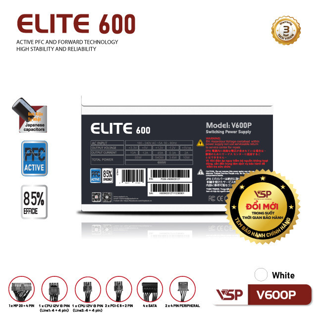 Bộ nguồn VSP Elite V600P - Trắng