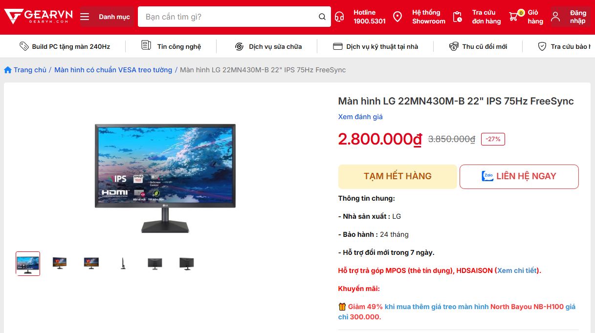 Màn hình LG 22MN430N - 22 Inch - IPS / Full HD / 75Hz / FreeSync (Tạm hết hàng)