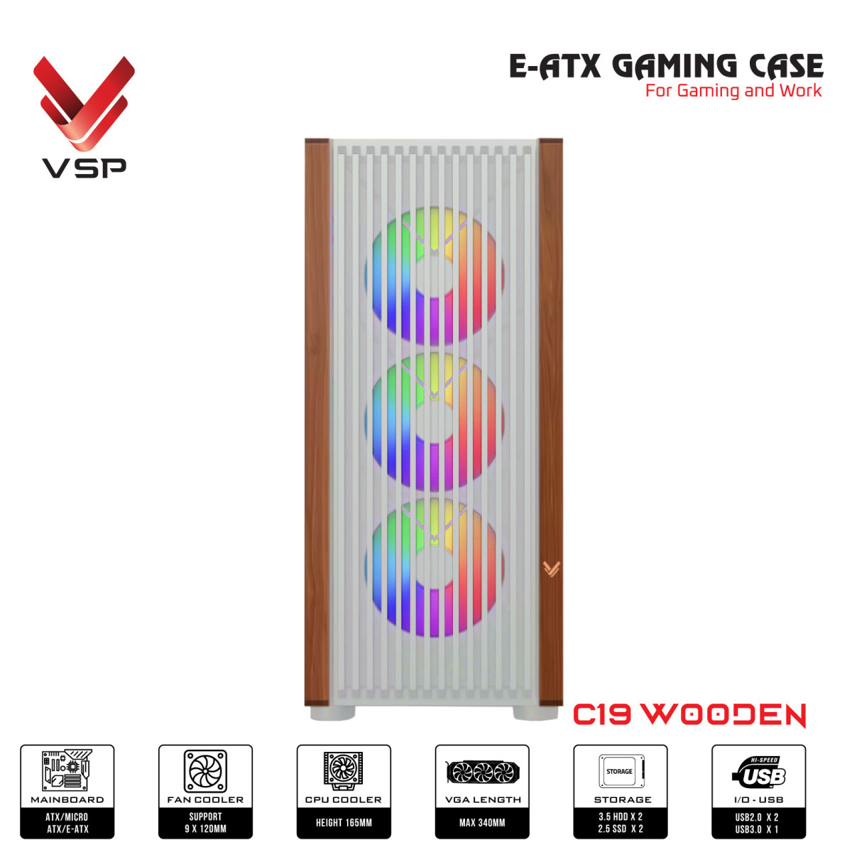 Case VSP E-ATX Gaming C19 Wooden - White