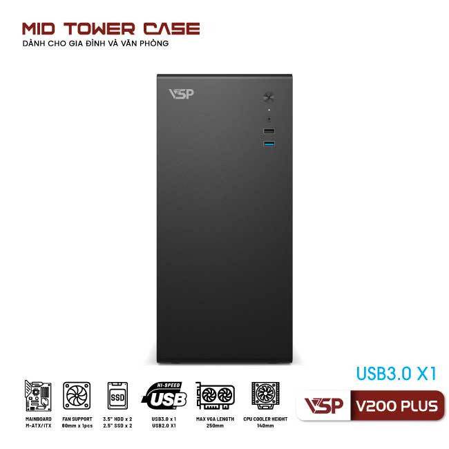 Vỏ Case Máy Tính VSP V200 Plus - Đen