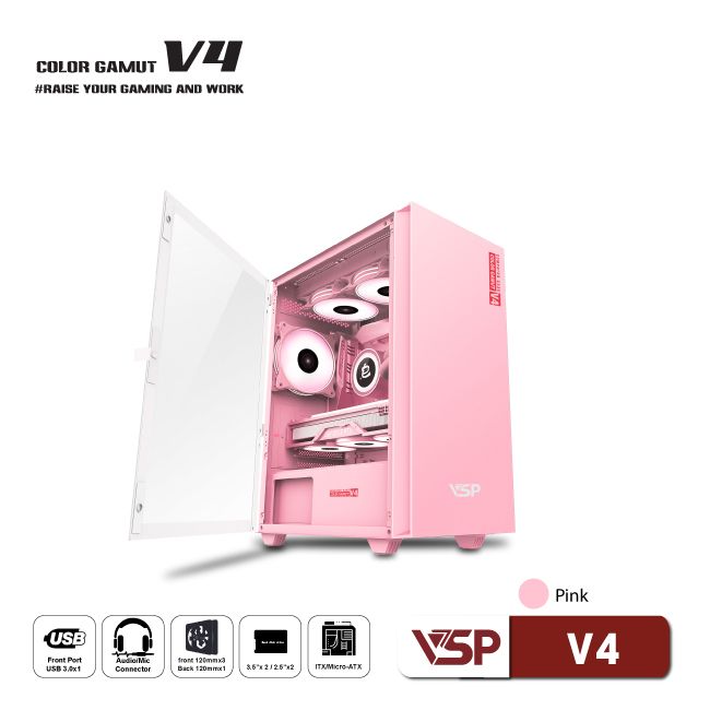 Vỏ Case máy tính VSP V4 - Hồng / Trắng / Xanh