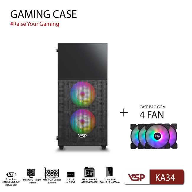Vỏ Case Máy Tính Gaming KA34 + Kèm 4 fan