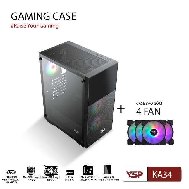 Vỏ Case Máy Tính Gaming KA34 + Kèm 4 fan