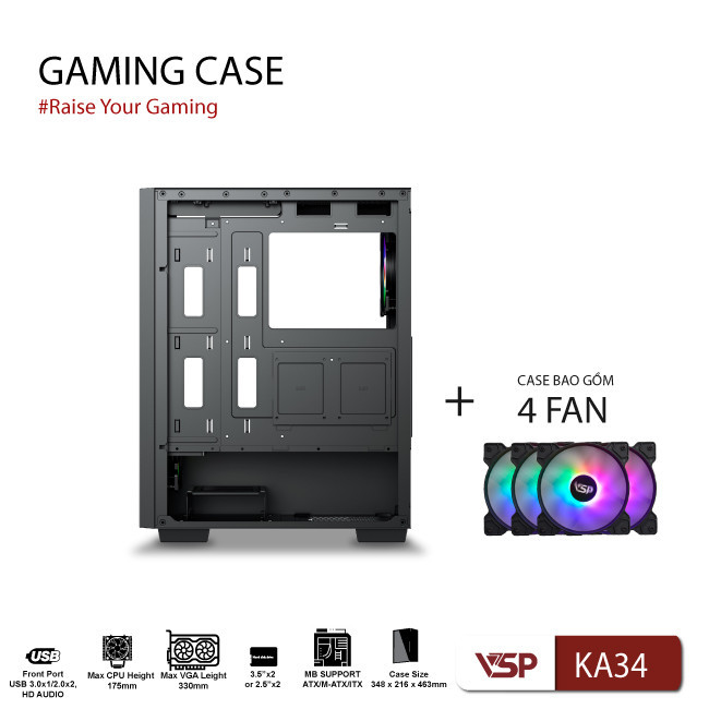 Vỏ Case Máy Tính Gaming KA34 + Kèm 4 fan