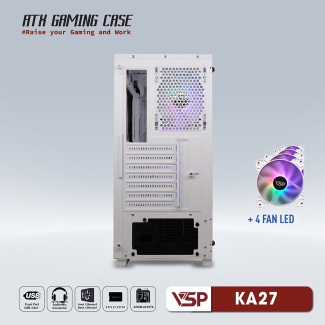 Vỏ Case Máy Tính VSP Gaming KA27 - Trắng + 4fans Led