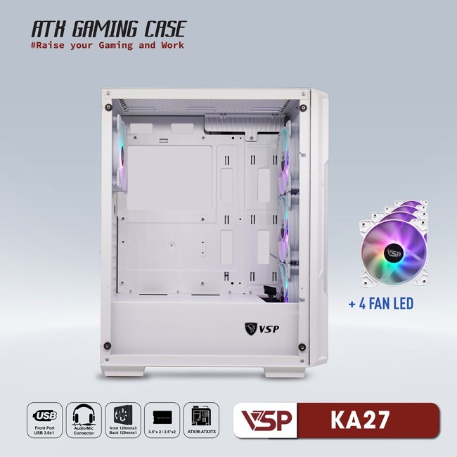 Vỏ Case Máy Tính VSP Gaming KA27 - Trắng + 4fans Led