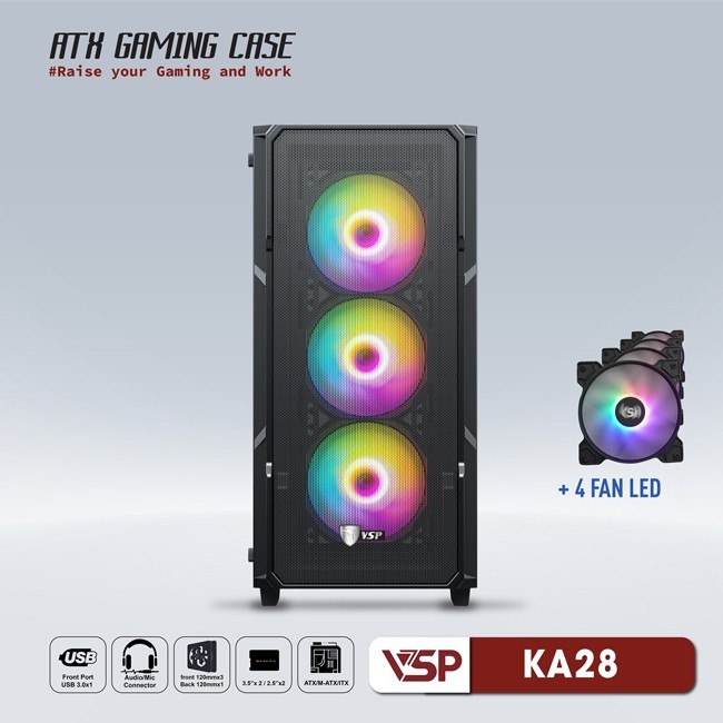 Vỏ Case Máy Tính VSP Gaming KA28 - Đen + 4fans Led