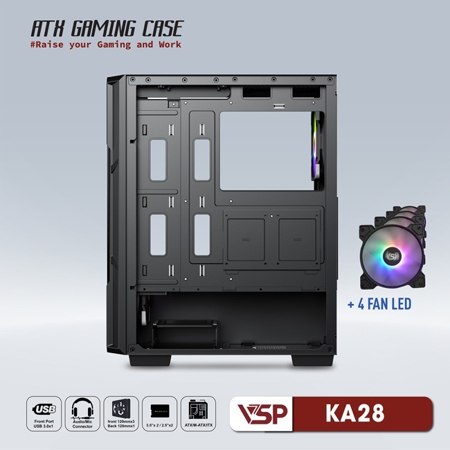 Vỏ Case Máy Tính VSP Gaming KA28 - Đen + 4fans Led