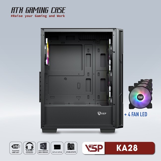 Vỏ Case Máy Tính VSP Gaming KA28 - Đen + 4fans Led