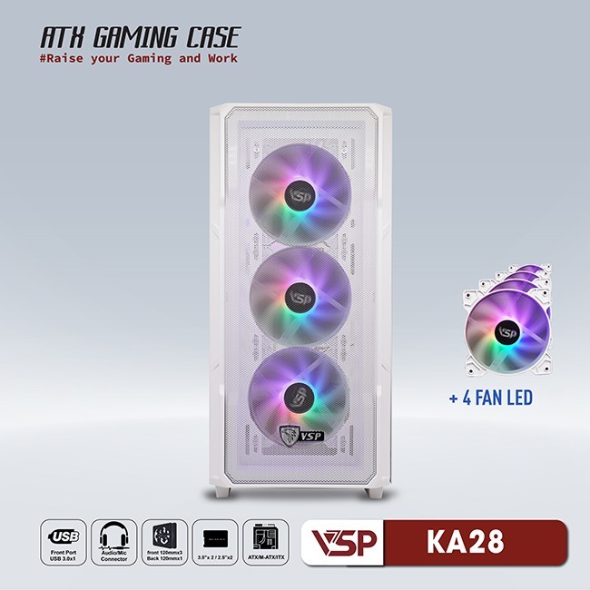 Vỏ Case Máy Tính VSP Gaming KA28 - Trắng + 4fans Led