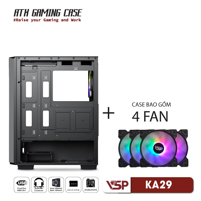 Vỏ Case Máy Tính VSP Gaming KA29 - Đen + 4fans Led