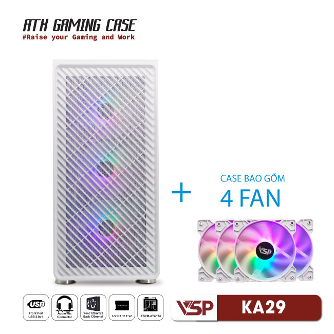 Vỏ Case Máy Tính VSP Gaming KA29 - Trắng + 4fans Led