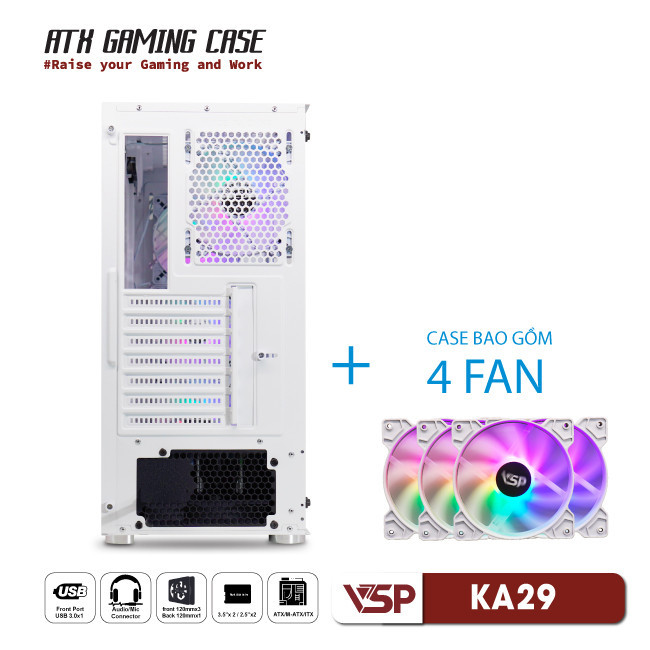 Vỏ Case Máy Tính VSP Gaming KA29 - Trắng + 4fans Led