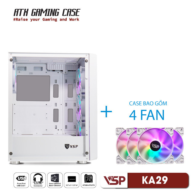 Vỏ Case Máy Tính VSP Gaming KA29 - Trắng + 4fans Led