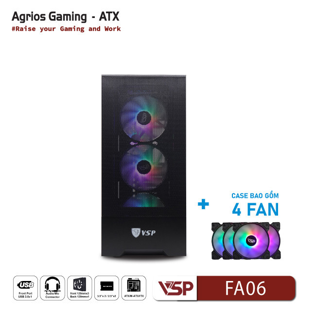 Vỏ Case Máy Tính VSP Gaming FA06 - Đen + 4Fans Led