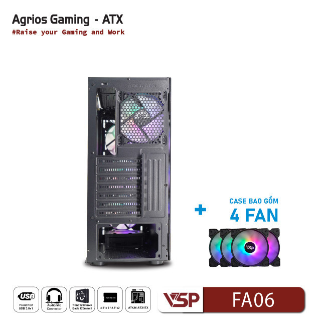 Vỏ Case Máy Tính VSP Gaming FA06 - Đen + 4Fans Led