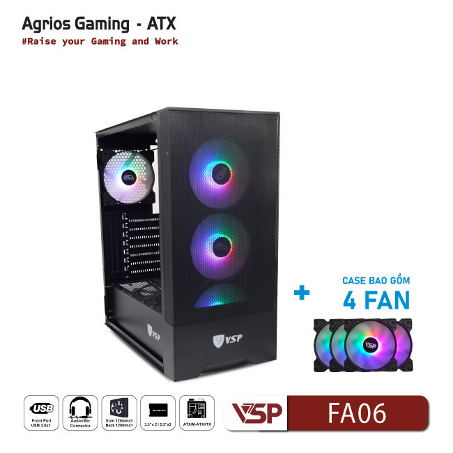 Vỏ Case Máy Tính VSP Gaming FA06 - Đen + 4Fans Led