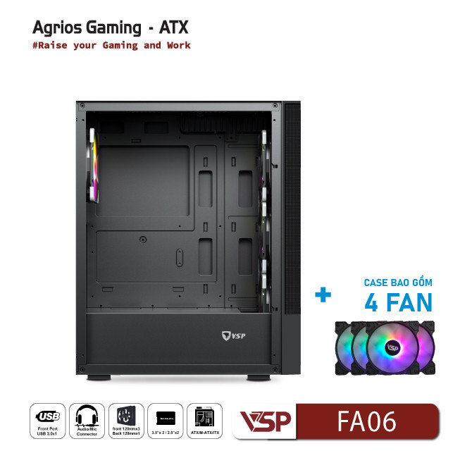 Vỏ Case Máy Tính VSP Gaming FA06 - Đen + 4Fans Led