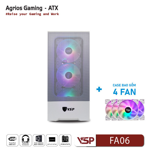 Vỏ Case Máy Tính VSP Gaming FA06 - Trắng + 4Fans Led