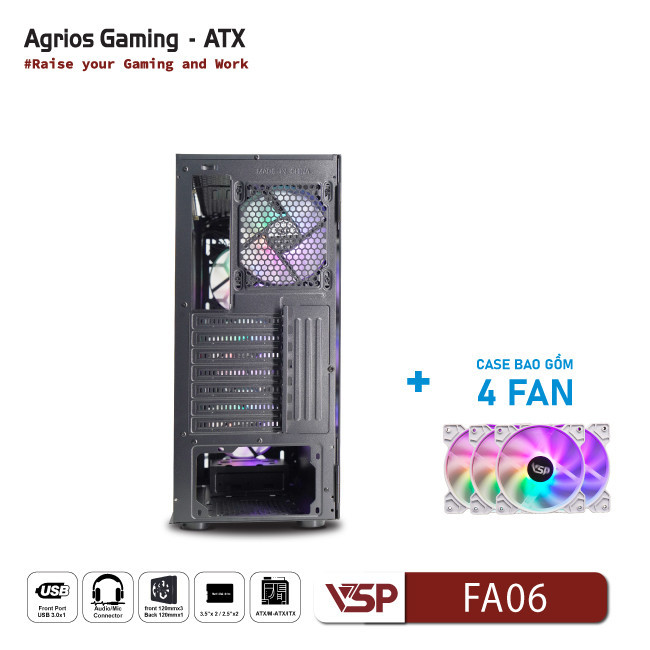 Vỏ Case Máy Tính VSP Gaming FA06 - Trắng + 4Fans Led