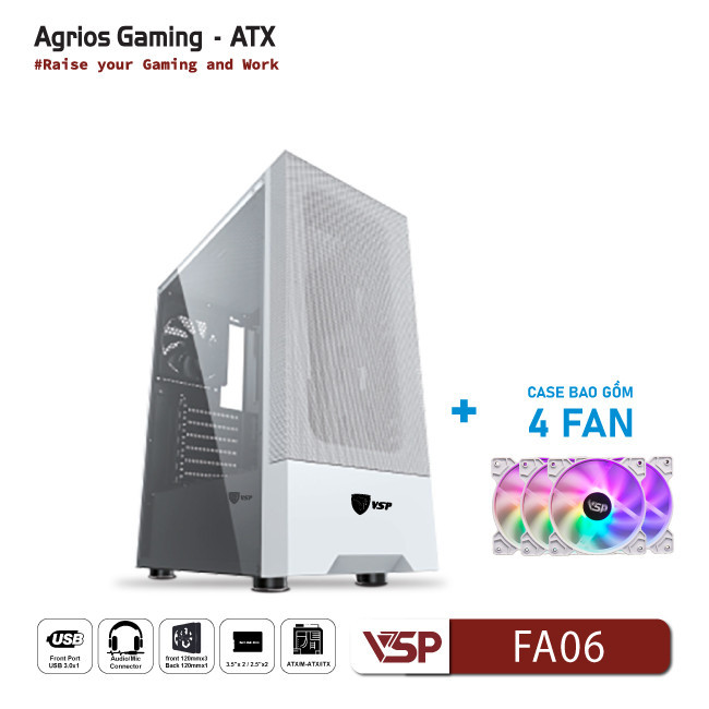 Vỏ Case Máy Tính VSP Gaming FA06 - Trắng + 4Fans Led