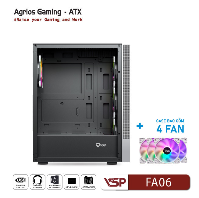 Vỏ Case Máy Tính VSP Gaming FA06 - Trắng + 4Fans Led