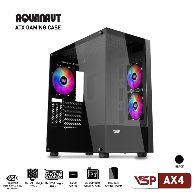 Vỏ Case Máy Tính Gaming Aquanaut AX4 2 mặt kính - Đen