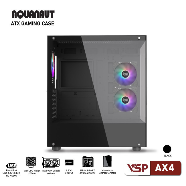 Vỏ Case Máy Tính Gaming Aquanaut AX4 2 mặt kính - Đen