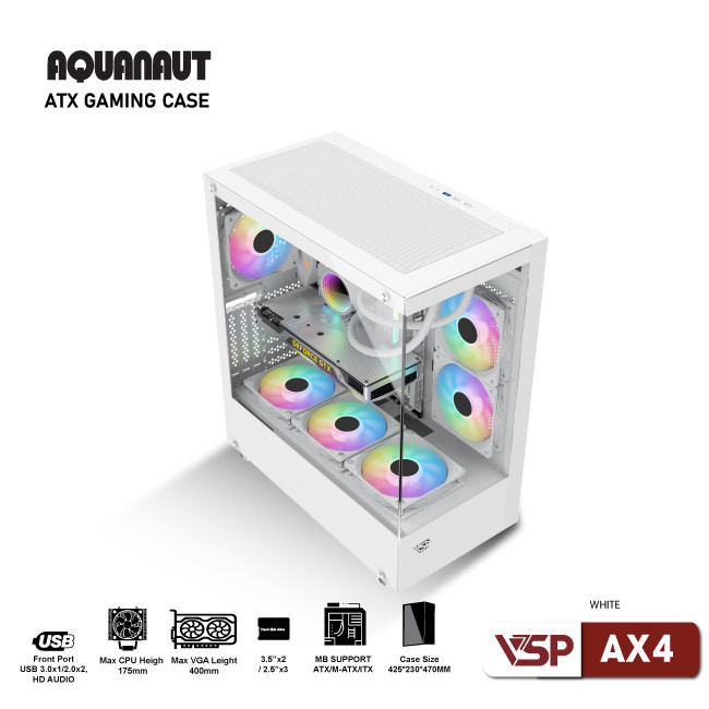 Vỏ Case Máy Tính Gaming Aquanaut AX4 2 mặt kính - Trắng