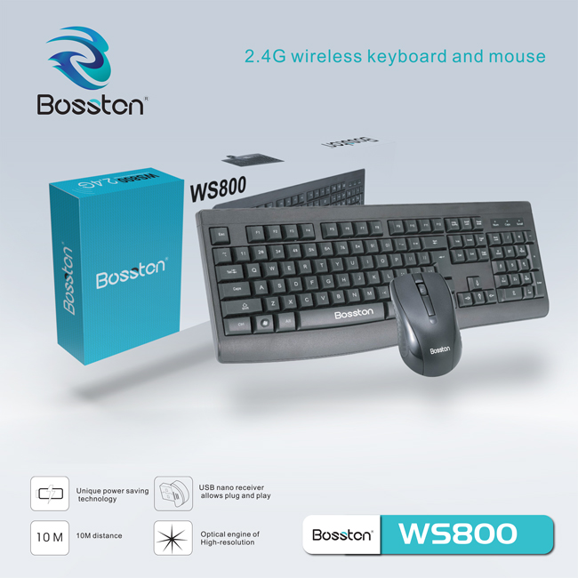 Bộ phím chuột không dây wireless Bosston WS800 - siêu tiết kiệm pin (Đen)