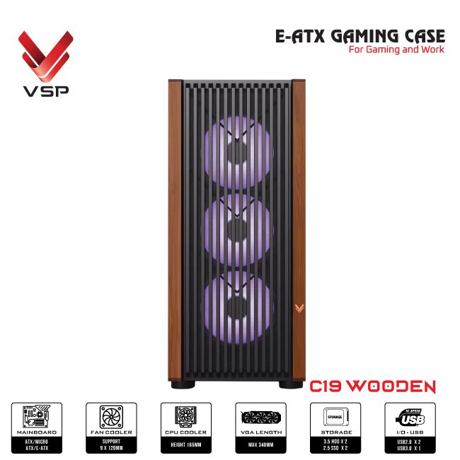 Case VSP E-ATX Gaming C19 Wooden - Đen