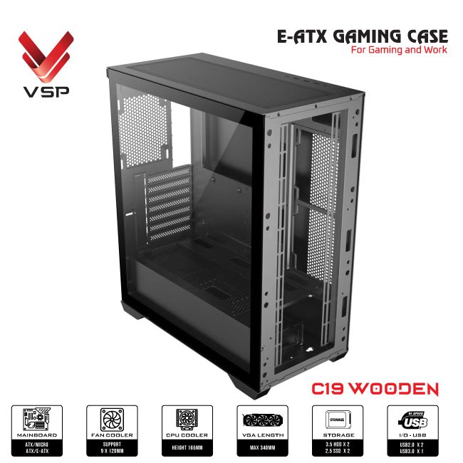 Case VSP E-ATX Gaming C19 Wooden - Đen