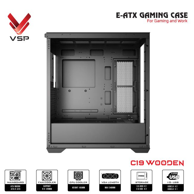 Case VSP E-ATX Gaming C19 Wooden - Đen
