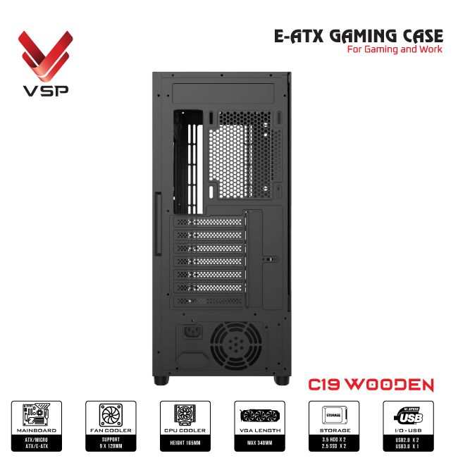 Case VSP E-ATX Gaming C19 Wooden - Đen