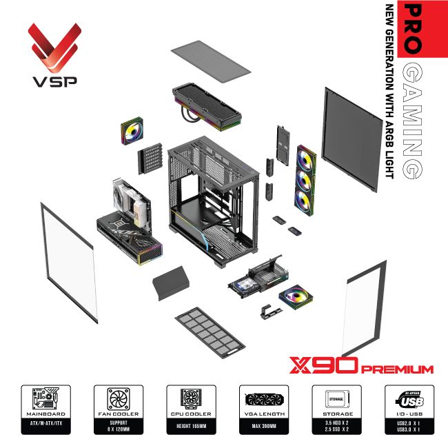 Case VSP Pro gaming ATX - X90 Premium led light ARGB