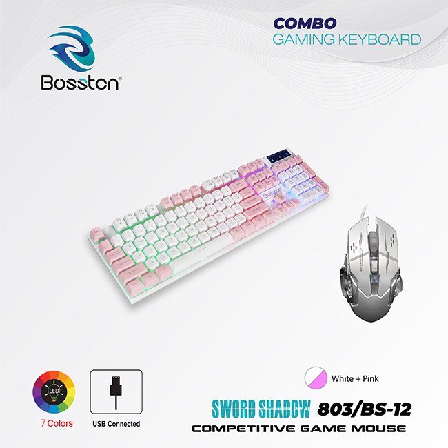 Combo bàn Phím Giả Cơ Bosston 803 + Mouse Gaming BS12 Ledlight White - Pink