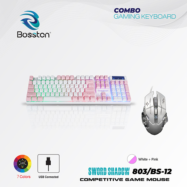 Combo bàn Phím Giả Cơ Bosston 803 + Mouse Gaming BS12 Ledlight White - Pink