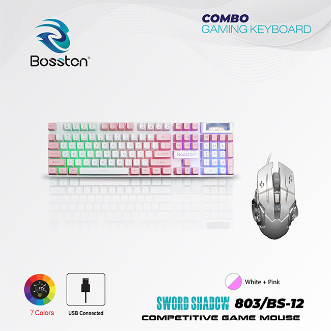 Combo bàn Phím Giả Cơ Bosston 803 + Mouse Gaming BS12 Ledlight White - Pink
