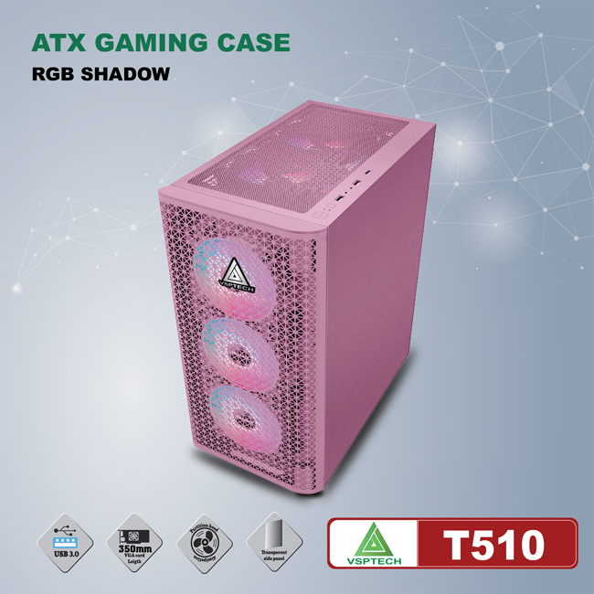 Case VSPTECH ATX Gaming T510 (Pink)