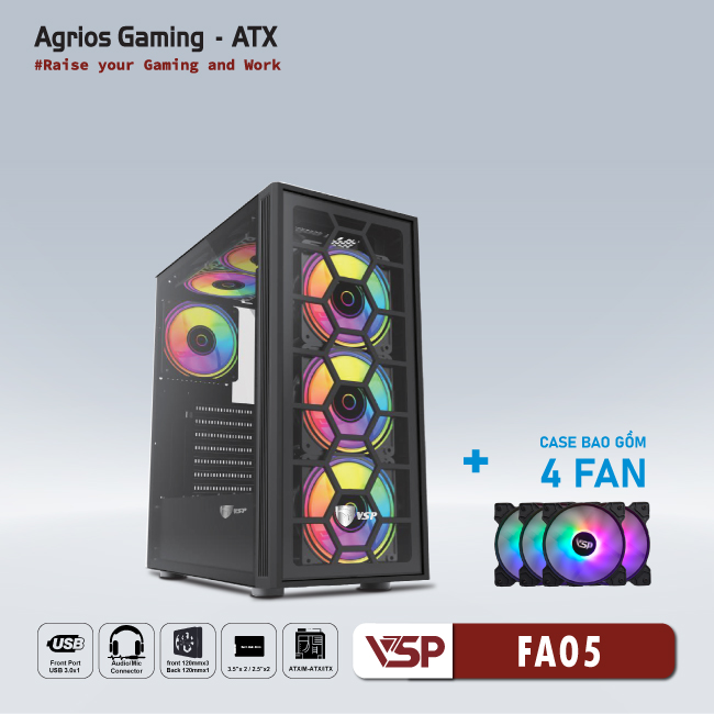 CASE VSP GAMING FA05- Black + 4Fans Led