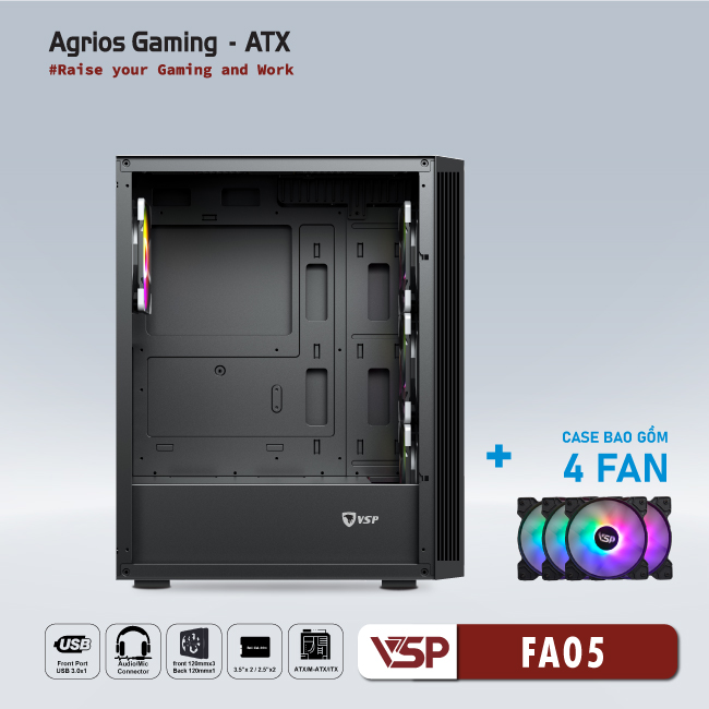 CASE VSP GAMING FA05- Black + 4Fans Led