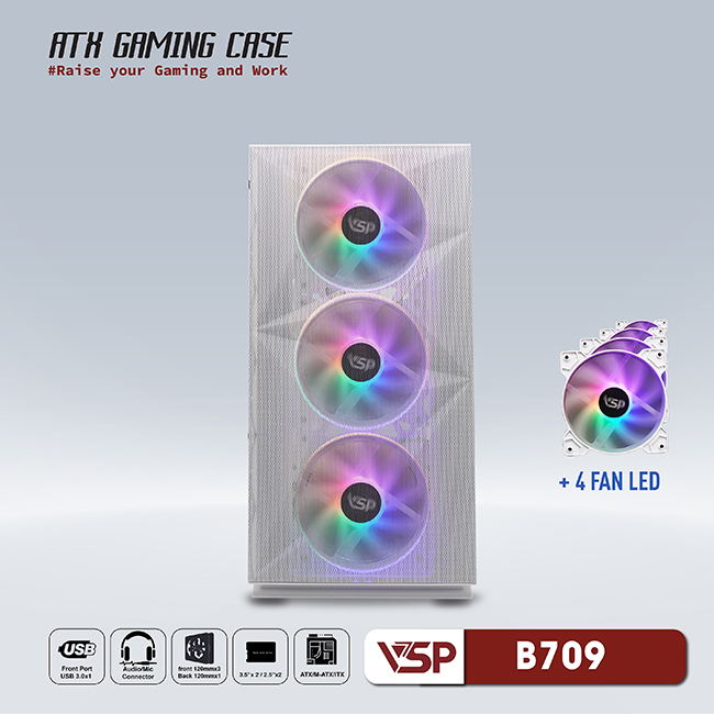 CASE VSP GAMING Mid Tower B709 - white + 4Fans Led