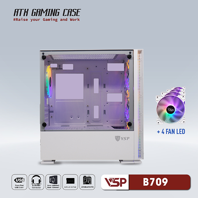 CASE VSP GAMING Mid Tower B709 - white + 4Fans Led