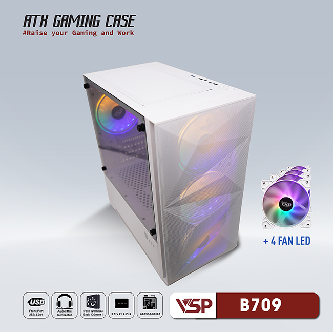CASE VSP GAMING Mid Tower B709 - white + 4Fans Led
